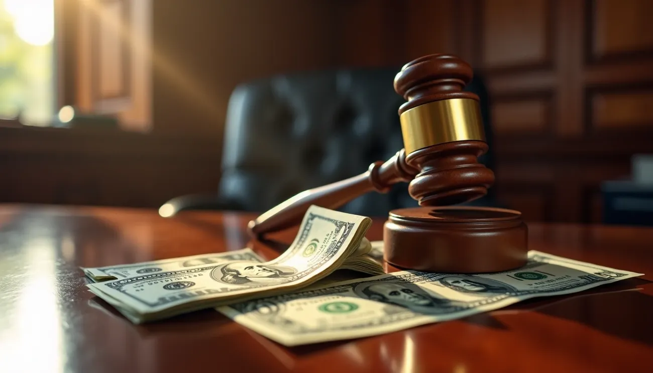 Judge's gavel resting on a wooden desk with US dollar bills, symbolizing the cost of divorce in California courts.