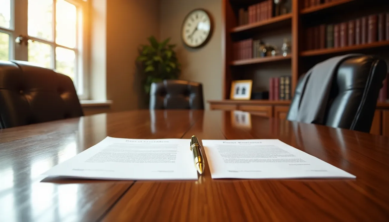 Pen resting between two prenup agreement documents on a polished wooden conference table in a law office.