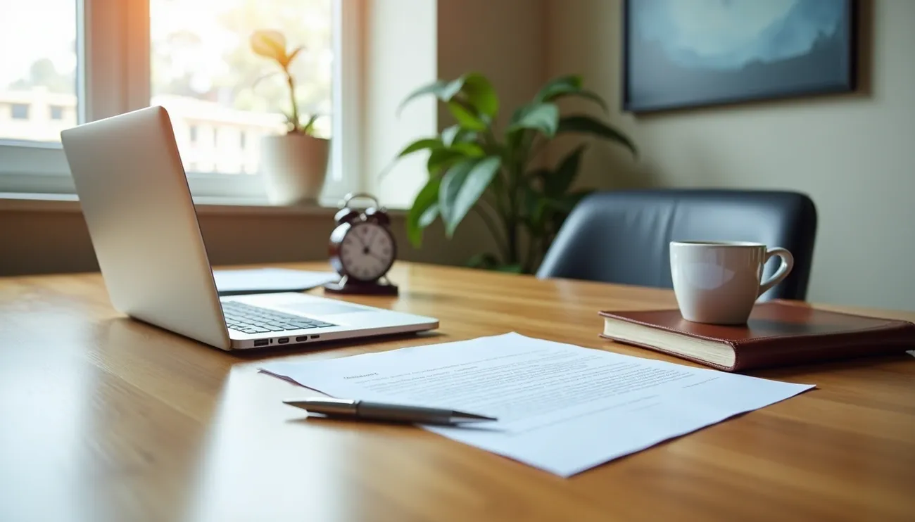 Home office desk with laptop, legal documents, pen, coffee cup, and an alarm clock by a sunny window.