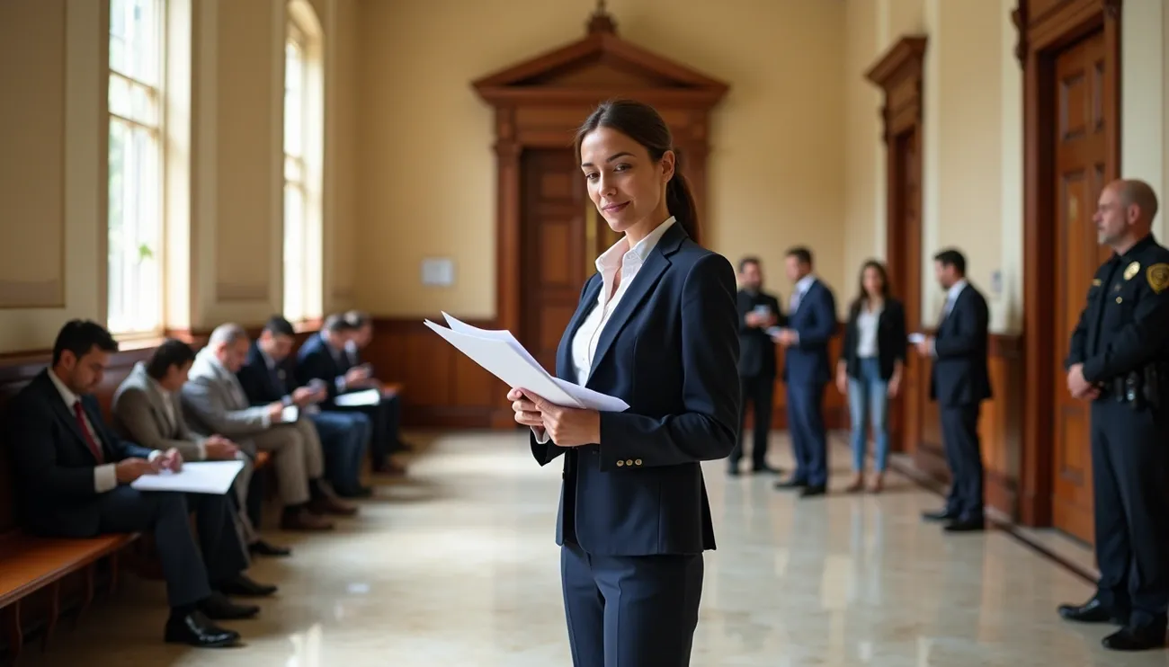 Professional woman in a court hallway holding documents with people waiting and a security officer present.