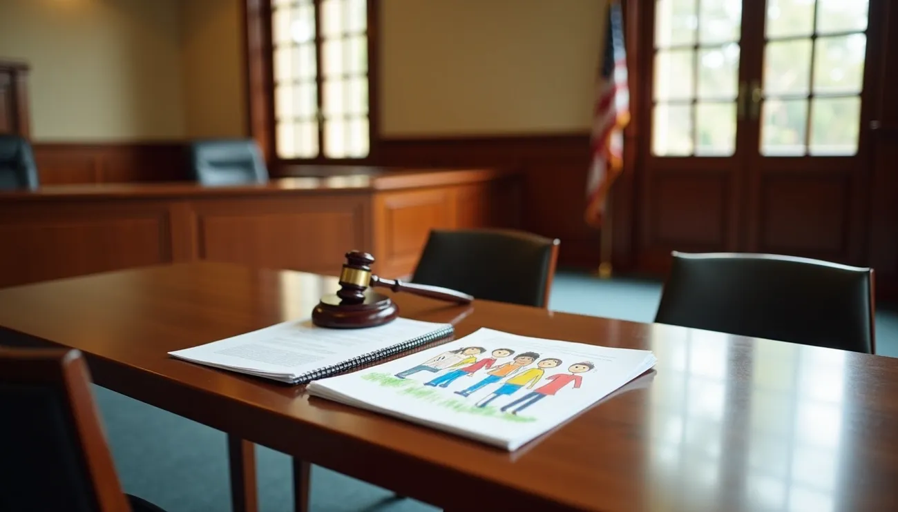 Courtroom table with child custody documents and a judge's gavel symbolizing legal custody issues in Los Angeles.