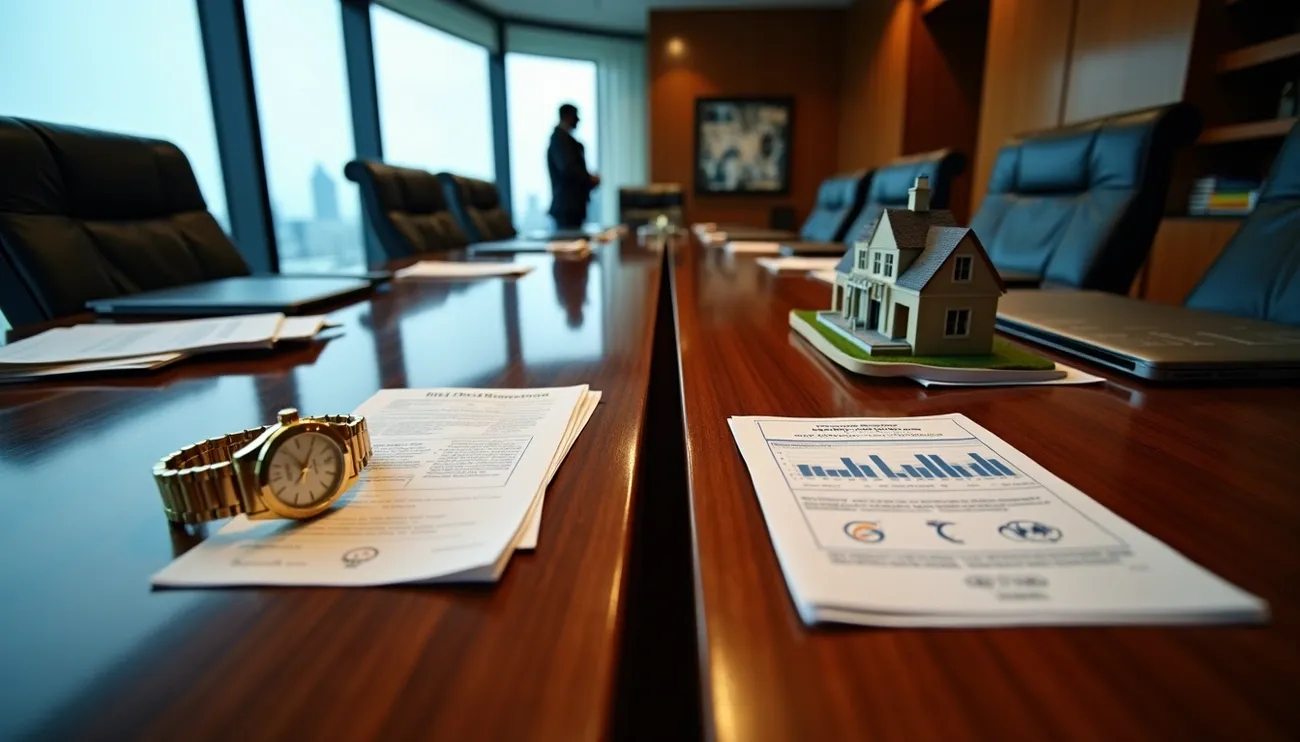 Conference room table with financial documents, a gold watch, a house model, and a person standing in the background.