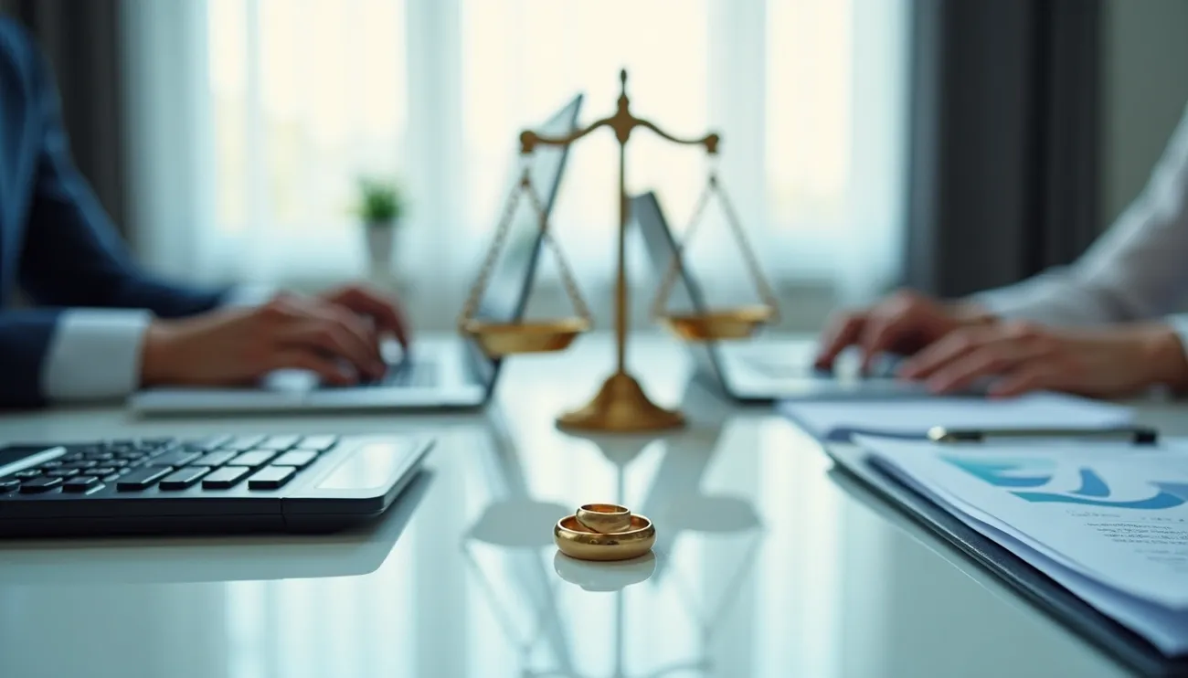 Two people working on laptops with wedding rings and a justice scale on the table symbolizing alimony calculation.