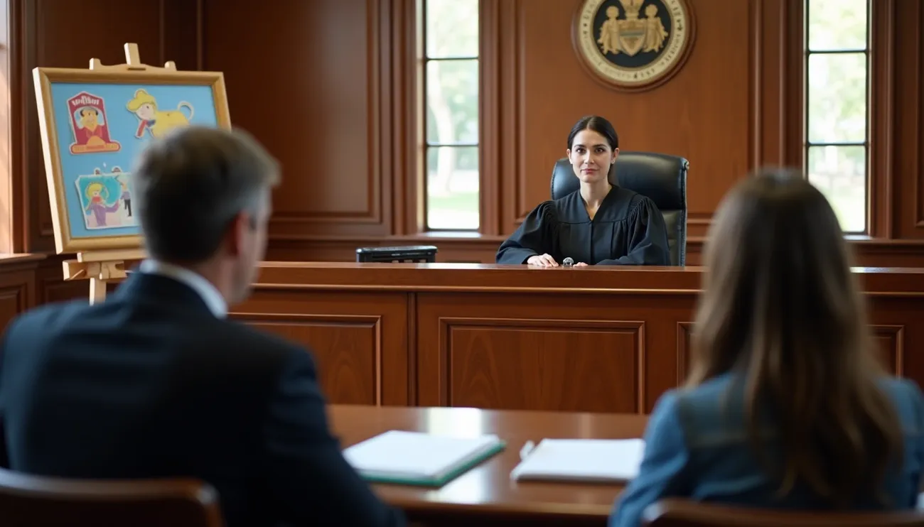 Judge in courtroom presiding over a child custody case with two attorneys seated before the bench.