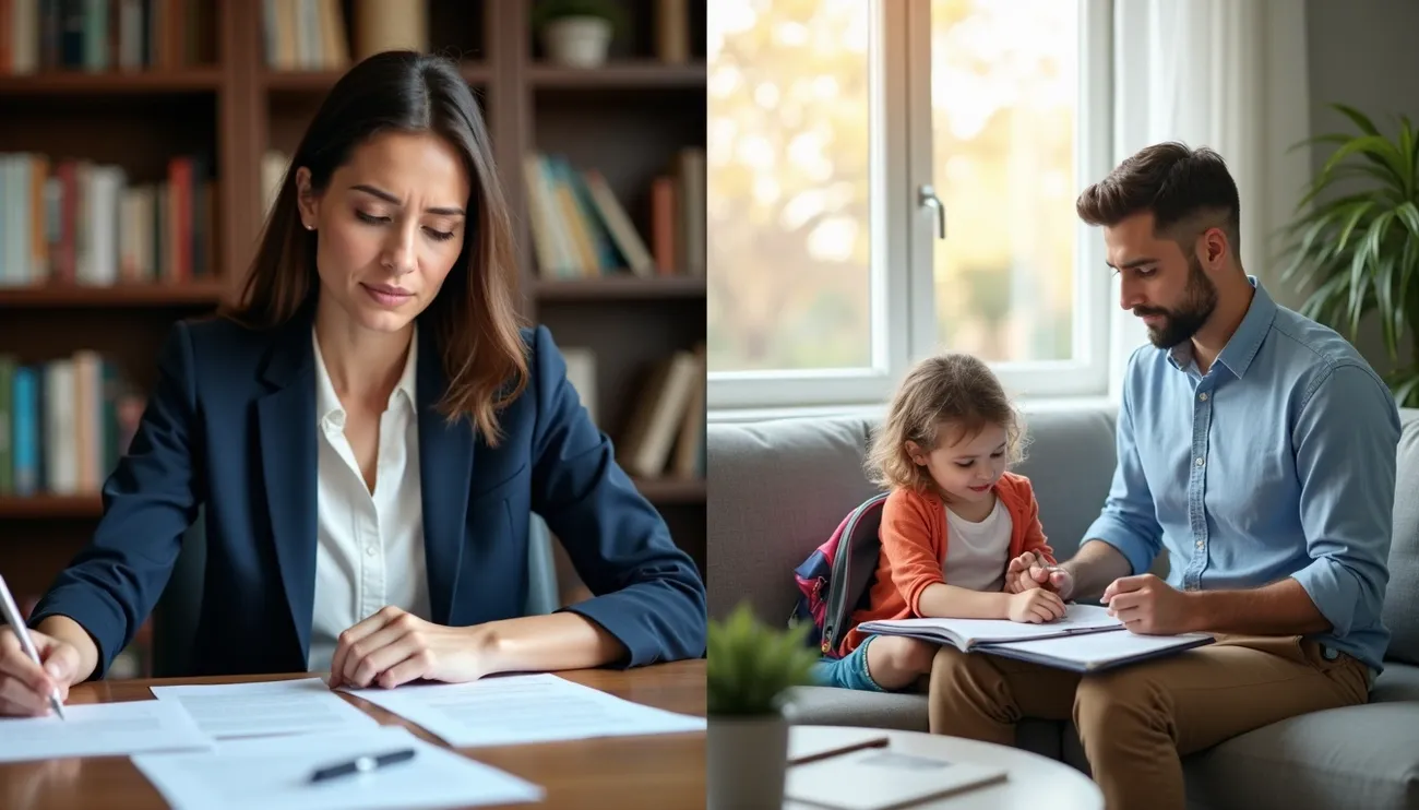 A lawyer reviewing documents and a father helping his child with homework at home.