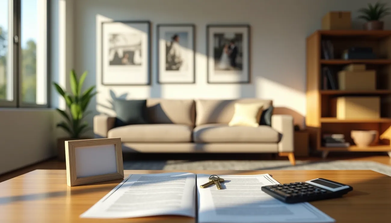 Living room scene with a contract, keys, calculator, and photo frame on a wooden table in soft sunlight.